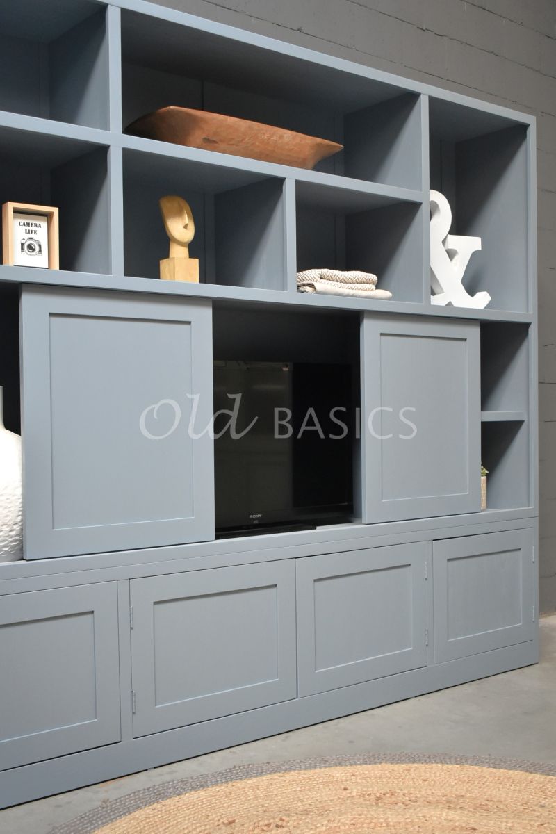 Detail van Vakkenkast Cadiz, 4 deuren, RAL7000, grijs, blauw, materiaal hout